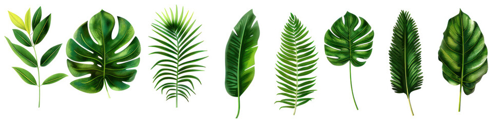 collection of green tropical monstera, palm, leaves isolated, cut out clipping path PNG - obrazy, fototapety, plakaty