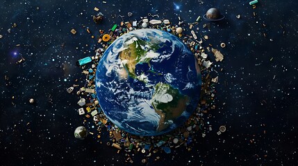 Earth from space with various plastic waste on the one side for earth day celebration.