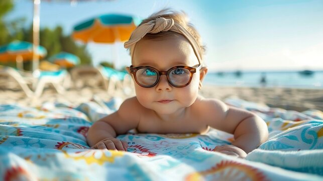 photograpy, small baby wearing glasses and lying on beach bed on sunny day near beach 