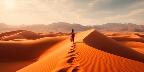 Women walking through a vast desert landscape, embracing the solitude and beauty. - obrazy, fototapety, plakaty