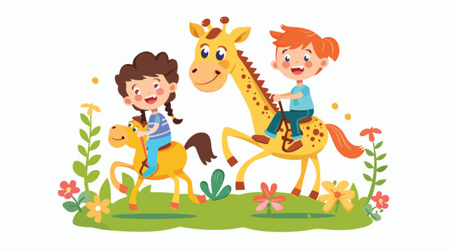 Girl and boy kids riding  sitting on horse  giraffe 