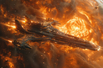 A cinematic view of a battle cruiser traveling near a supernova remnant, using the chaotic energies