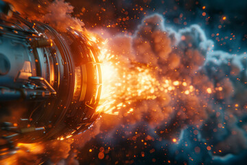 A close-up of a ship's engine igniting with plasma as it prepares for a hyper-speed jump, the light
