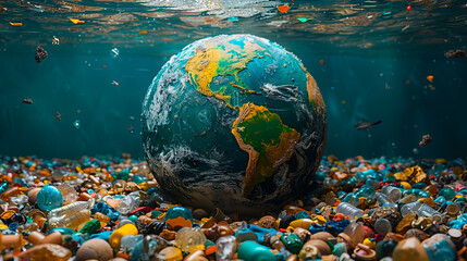 A globe is surrounded by plastic and other debris.