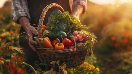 Harvest glow: basket of fresh vegetables in golden hour light - obrazy, fototapety, plakaty