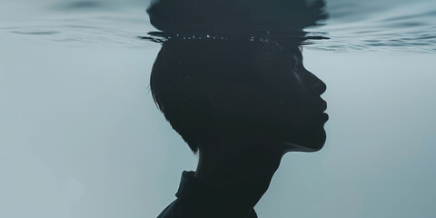 Tranquil close-up of a silhouette reflected symmetrically in calm water, gazing at the camera