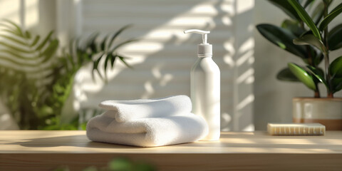 Elegant bathroom mockup with soap dispenser