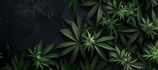 Cannabis plants, leaves, banner, top view