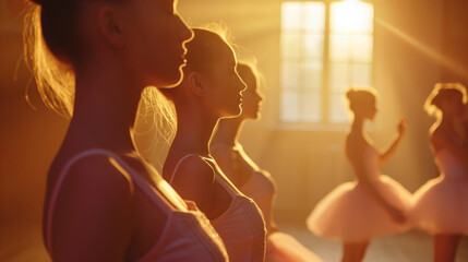 Five ballet dancers practice in a sunlit studio, embodying grace and discipline