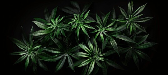 Cannabis plants, leaves, banner, top view