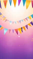 Foreground with violet background and colorful flags garland on top, confetti all around, sun shining in the background, party banner
