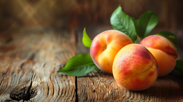 Peaches with leaves on the old wooden table ,  Beautiful ripe orange apricots with leaves on old wooden board , Tasty organic peaches on a wooden table, healthy food 