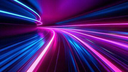 Abstract neon light trails in a perspective tunnel view create a sense of high speed