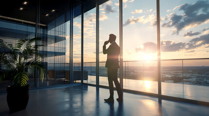 Fototapeta na wymiar Businessman contemplating at sunset in office