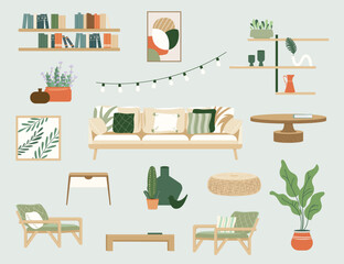 Furniture set for boho style living room interior design. Sofa, pillows, armchairs, bookshelves, plants, table. Modern interior design in Scandinavian Style combination of trendy earth tones. Vector