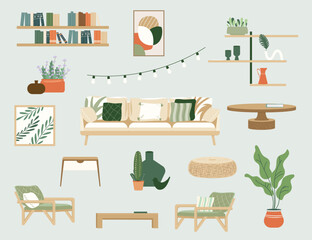 Furniture set for boho style living room interior design. Sofa, pillows, armchairs, bookshelves, plants, table. Modern interior design in Scandinavian Style combination of trendy earth tones. Vector © Катерина Фирсова