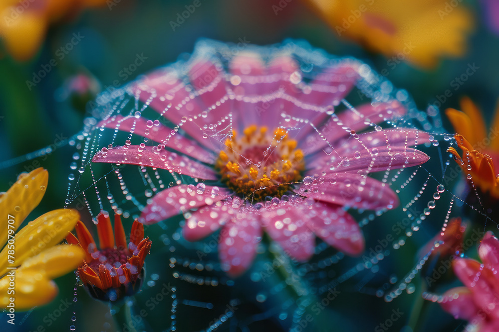 Poster A macro shot of a spider web in a garden, each dewdrop reflecting different colored flowers around i