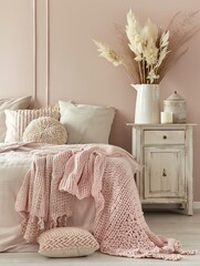 super cosy room in Scandinavian style with light pink, beige and brown colours  - obrazy, fototapety, plakaty