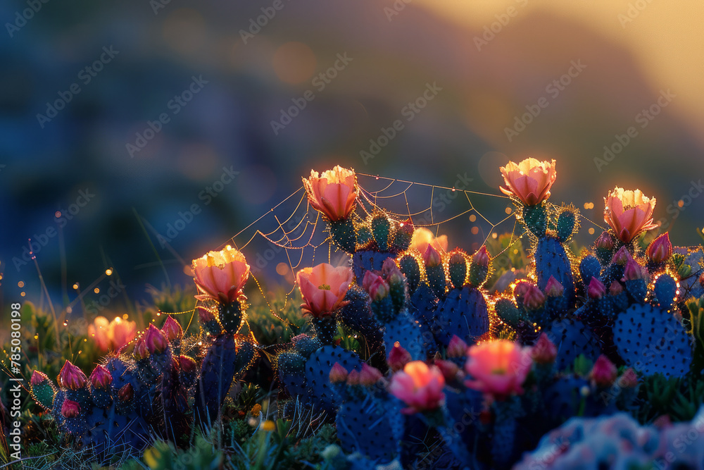 Poster a photograph of a spider web between cacti in a desert at dawn, the dewdrops unexpected and life-giv