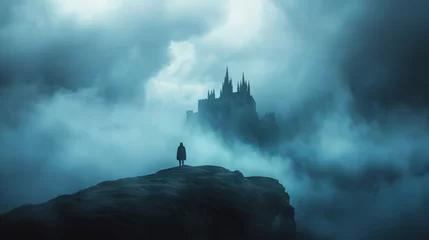 Fotobehang Dark Gothic Fantasy Castle Foggy Landscape Cloudy Sky with the Silhouette of a Person on a Hill in Front © Matan