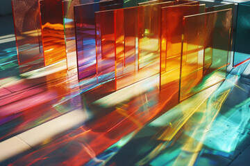 A photograph of light streaming through a stack of colored glass sheets, creating a visual effect si - obrazy, fototapety, plakaty