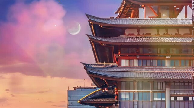 A view of the Japanese sunset sky at a pagoda. Cartoon or anime watercolor painting illustration style