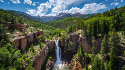 High angle shot of waterfall from above with green forest and river