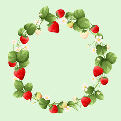 a wreath of strawberries and leaves with a green background.
