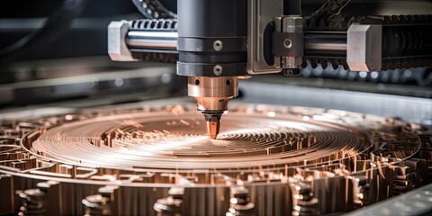 Modern CNC machinery executing laser cutting on metal sheets, a testament to advanced industrial manufacturing. - obrazy, fototapety, plakaty