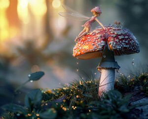 Fairy perched on a dewy mushroom, magical forest, sunrise, closeup, whimsical charm - obrazy, fototapety, plakaty