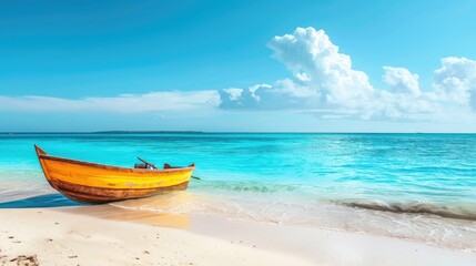 Fototapeta premium Small boat is dry docked, withdrawn at the beach, coastline.