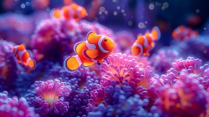 Clown anemonefish in anemone coral reef. - obrazy, fototapety, plakaty