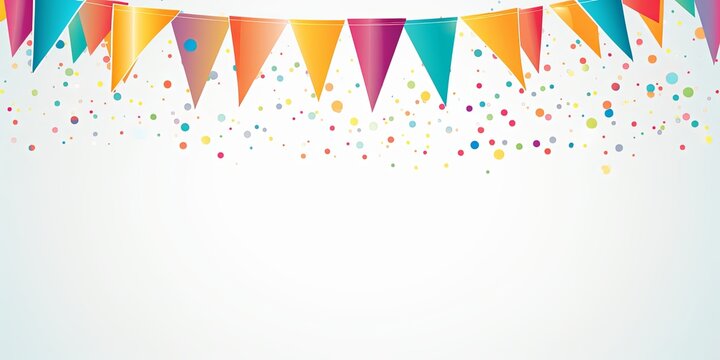 Foreground with white background and colorful flags garland on top, confetti all around, sun shining in the background, party banner