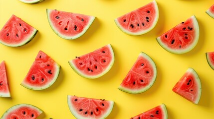 Above view at watermelon cut parts on yellow background