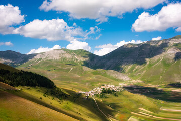 Mountain valley with agricaltural fields in summer