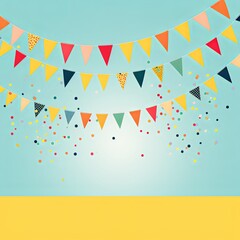 Foreground with yellow background and colorful flags garland on top, confetti all around, sun shining in the background, party banner