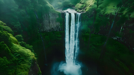 High angle shot of waterfall from above with green forest and river