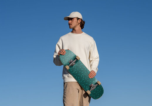 Mockup of skater holding customizable skateboard, blue sky