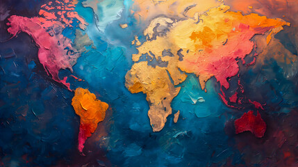 Map of the world painted with oil paints. Colorful background.