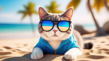 Cute cat in glasses is resting on the beach. Stylish cat in glasses on vacation at sea. Stylized image of a cat in the sea. Funny tourist cat