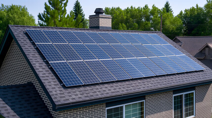 Solar panels on the roof of a house. Photovoltaic modules for renewable electric energy production.