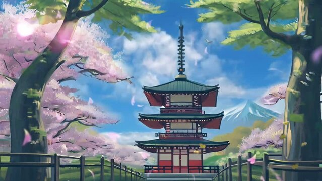 Cherry blossom in japanese traditional garden. Cartoon or anime watercolor painting illustration style.