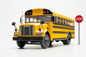 A classic yellow school bus model positioned next to a stop sign, depicting school transportation safety.
