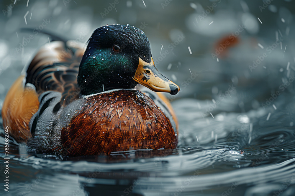 Poster An image capturing the oily sheen on a duckâ€™s feathers, highlighting the waterproofing that allows