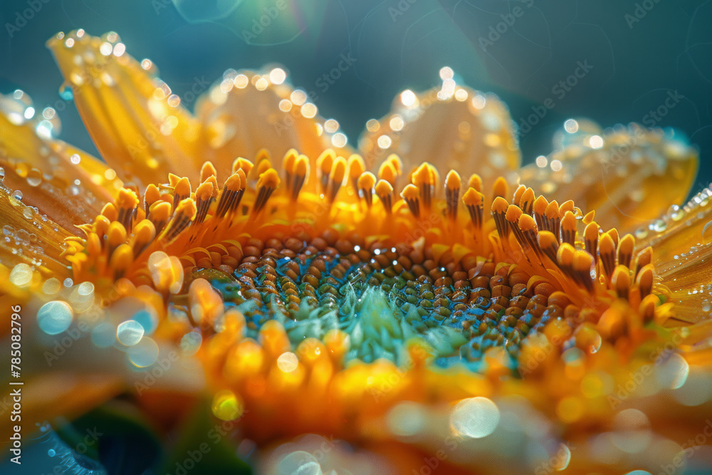 Poster an image capturing the rugged terrain of a sunflowerâ€™s center, where seeds are beginning to form,