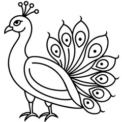 peacock line art coloring book page for children's vector art illustration
