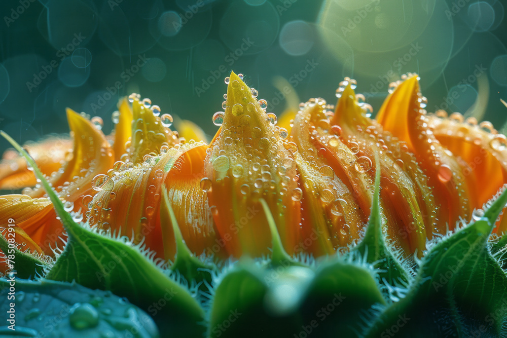 Poster an image capturing the rugged terrain of a sunflowerâ€™s center, where seeds are beginning to form,