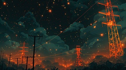 Electric towers at night. Generative AI - obrazy, fototapety, plakaty