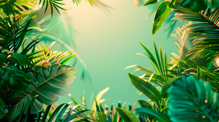 A green background with tropical leaves framing the edges, creating an elegant summer atmosphere. Copy space.