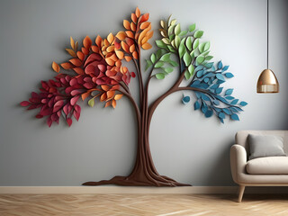 3d Illustration  art Colorful tree with leaves on hanging branches illustration background. 3d abstraction wallpaper . Floral tree with multicolor leaves

